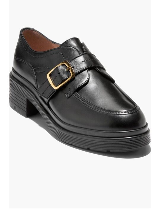Cole Haan Shoes - Cole Haan Black Leather Carlitta Monk Strap Loafer with Gold Buckle
